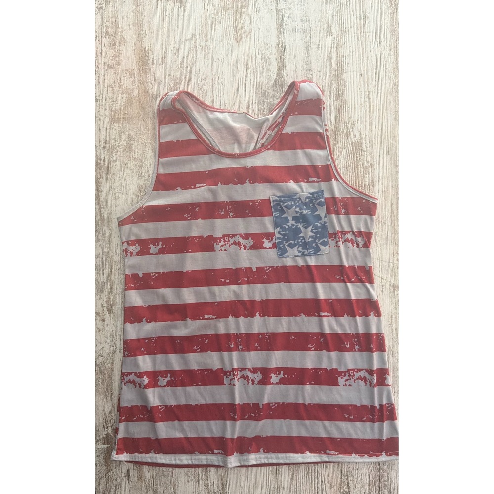 Patriotic American Flag Tank Top Distressed Stripes Stars Pocket Bow Back XXL